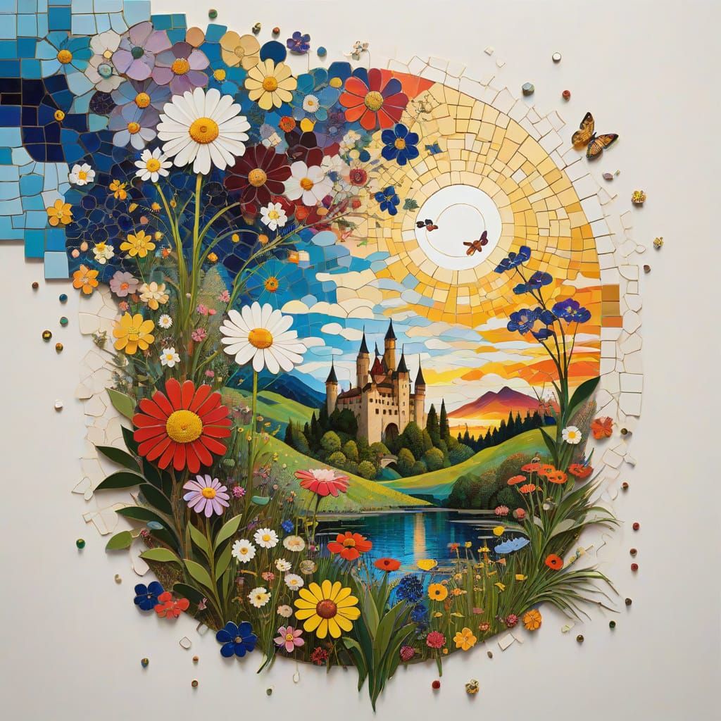 Castle Lake Sunset with Wildflowers in Klimt & Hirst Style