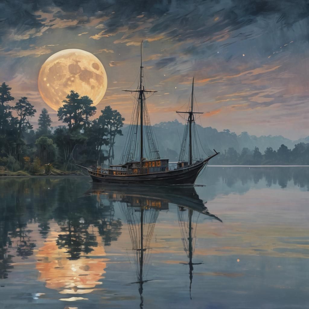 Epic Hunter's Moon Gouache Masterpiece with Ghost Ship