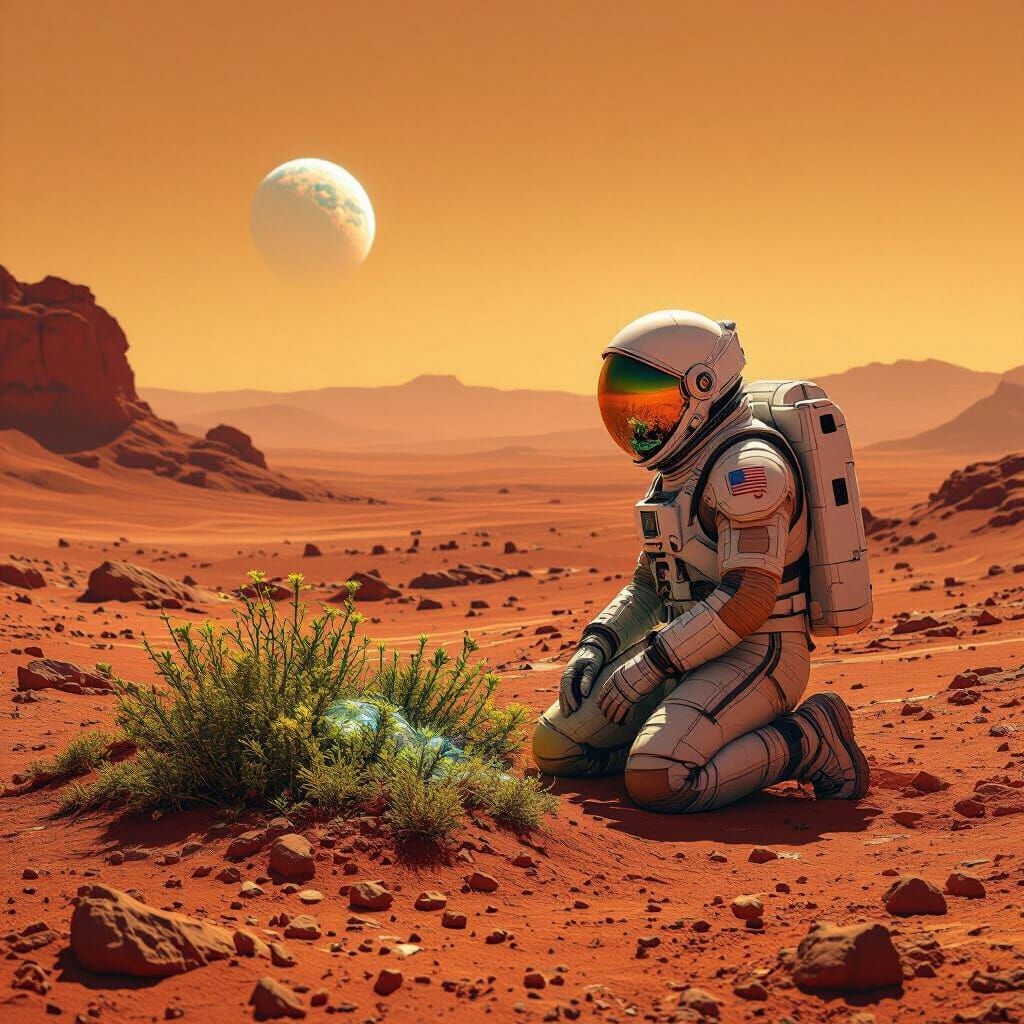 Astronaut's Oasis on Mars in Hyperrealistic Style