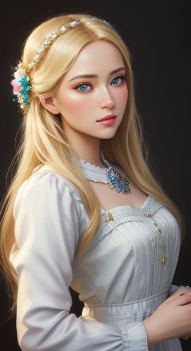 Beautiful young blonde maiden in a gorgeous milkmaid style dress, farm girl dress, elegance motif, elegantly...