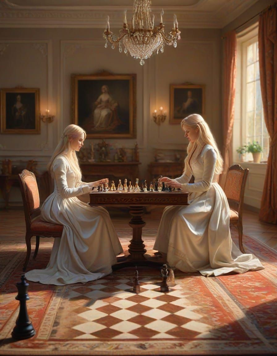 Two Blonde Women Play Chess in Cozy Room