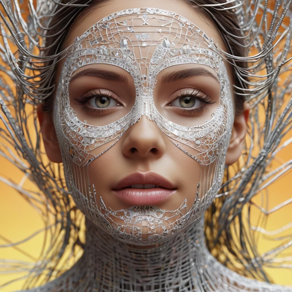 Surrealistic Wireframe Android Face in 3D