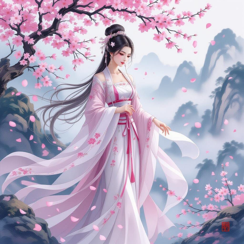 Elegant Woman in Cherry Blossoms, Chinese Art Style