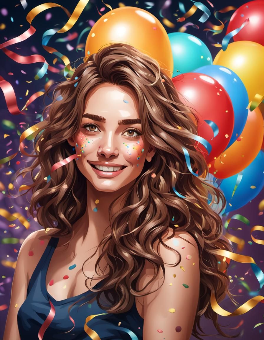 A portrait of a beautiful woman with brown wavy hair with a ...