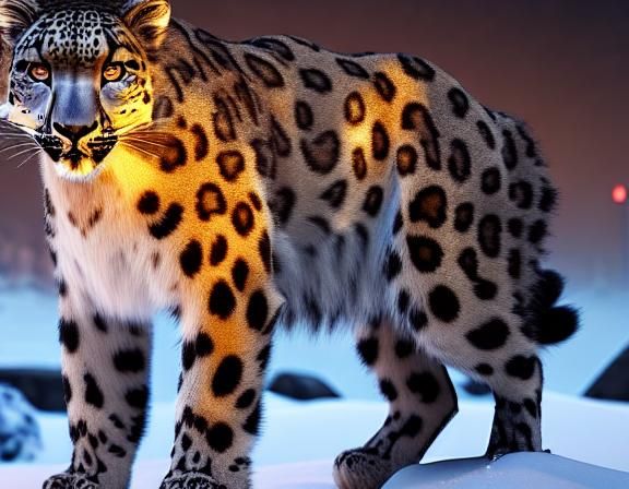 snow leopard intricate mech details, ground level shot, 8K r...