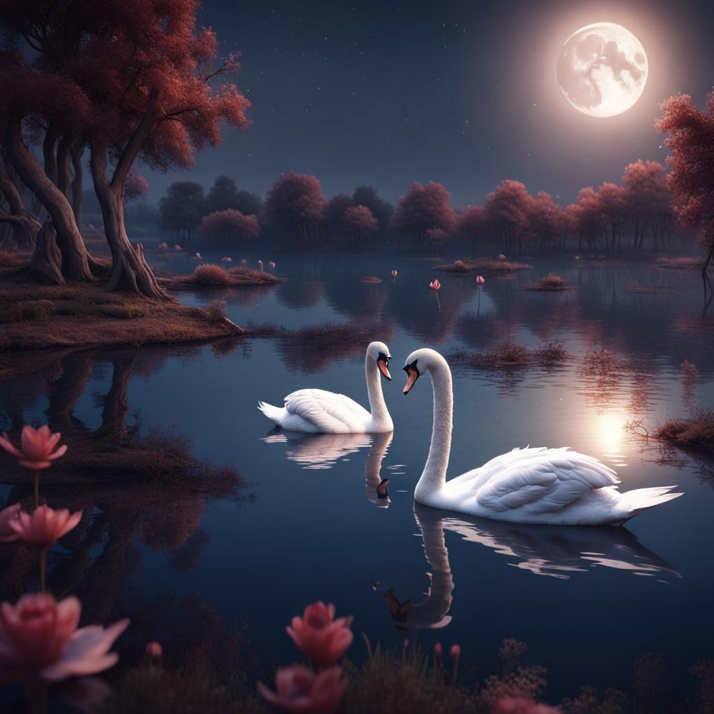 Elegant Swans Under Moonlight: Fantasy Concept Art
