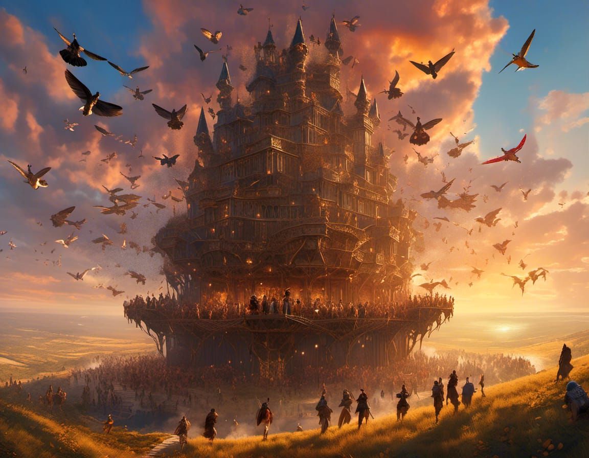 Flying People Soaring Around Wooden Tower