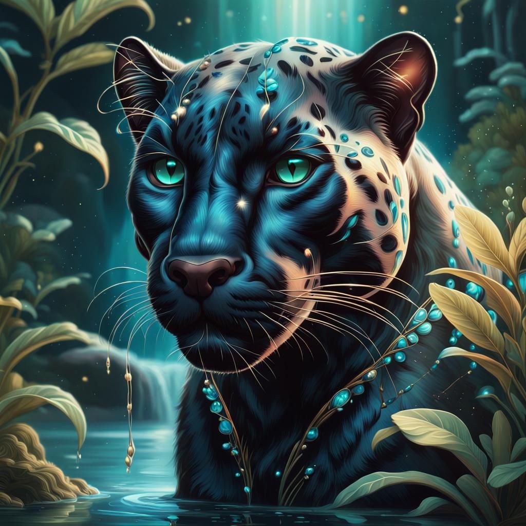 Art Deco Bioluminescent Panther in Magical River