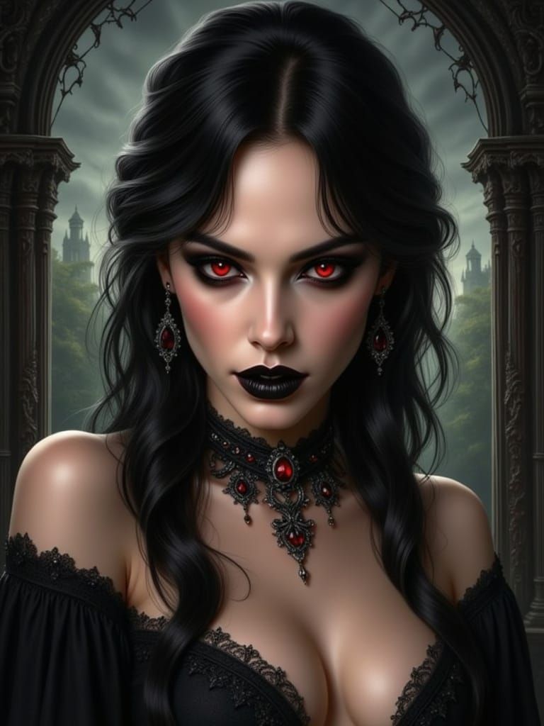 Vampire Woman in Black Gown with Ornate Necklace