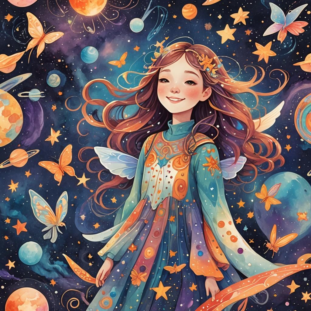 Girl with Butterfly Wings Soaring Through Galaxy