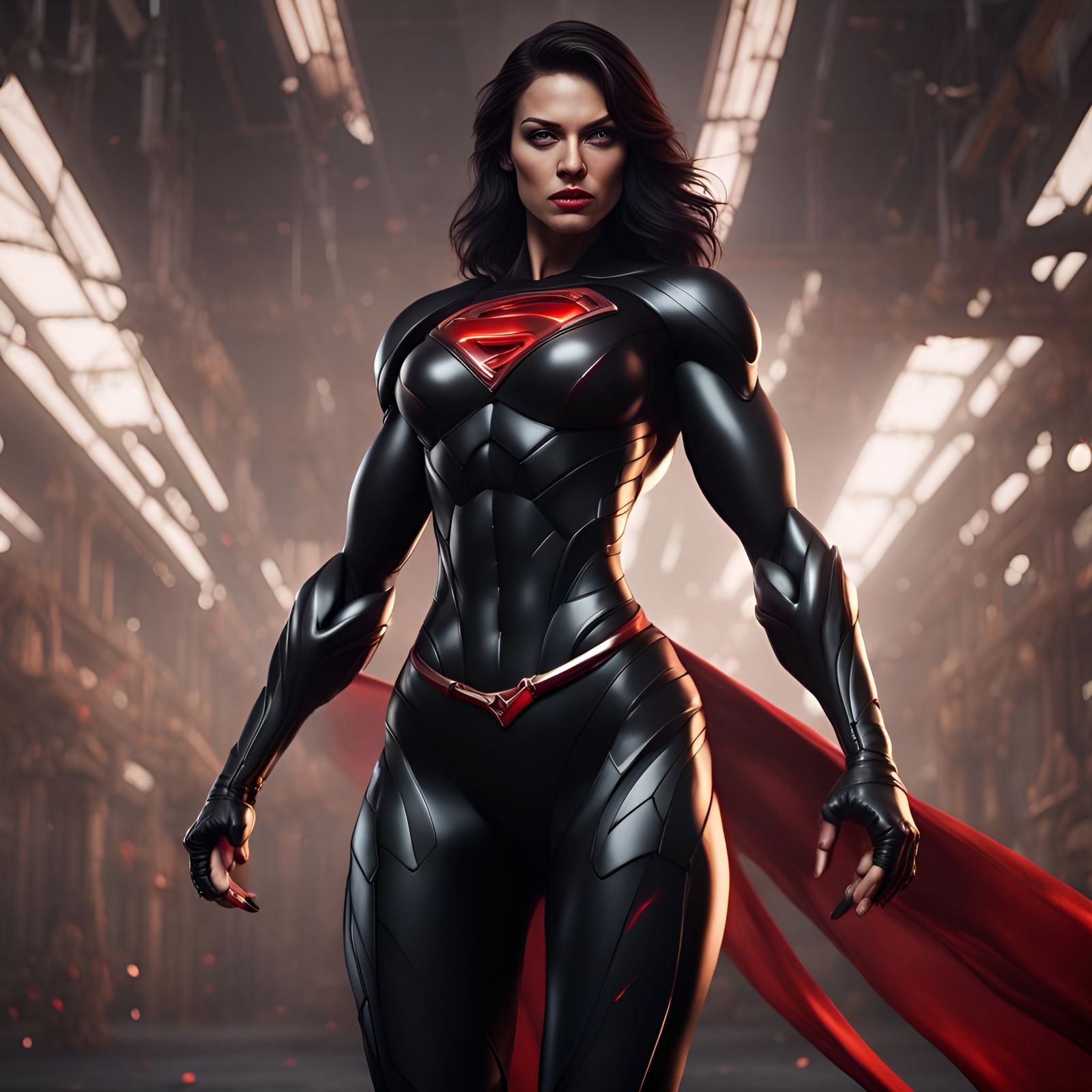 Brunette Superwoman in Black Suit: Detailed Digital Art