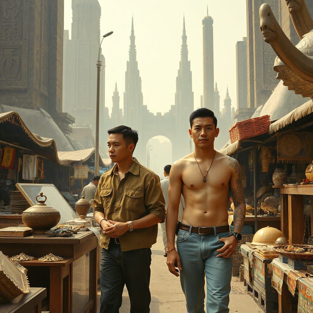 Alien Artifact Market in Pre-Raphaelite Style