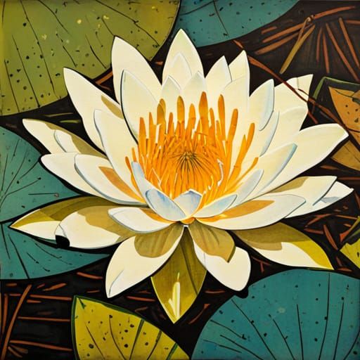 Elegant White Water Lily, Abstract Painting