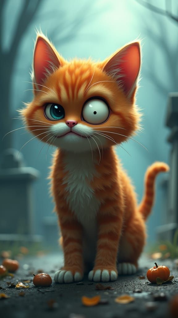 Ginger Kitten Zombie in Graveyard: 3D Anime Art