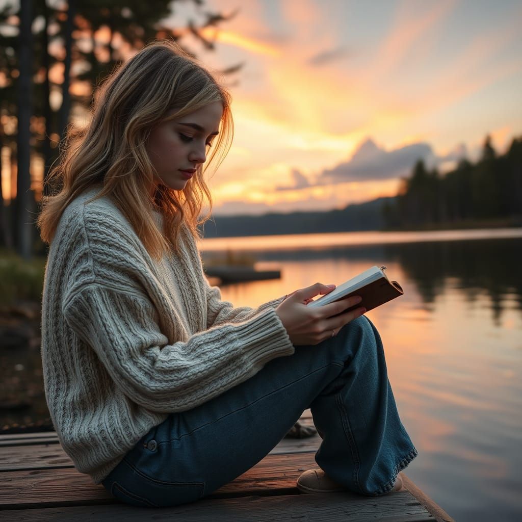 Girl Sketching at Sunset in Impressionistic Style