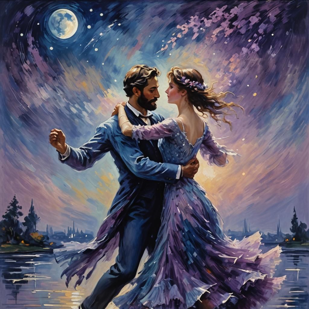 Romantic Couple Dancing in Moonlight: Impressionism Style