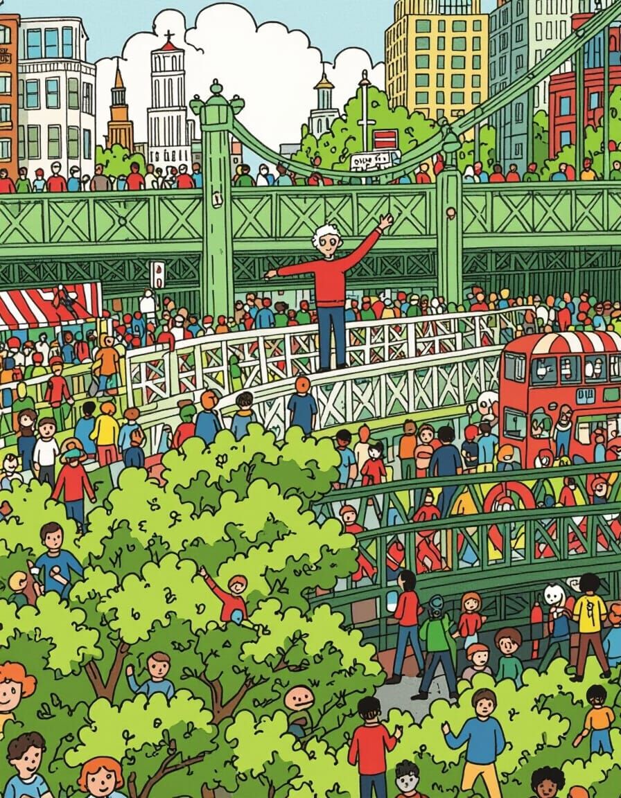 Where's Waldo Style City Bridge Illustration