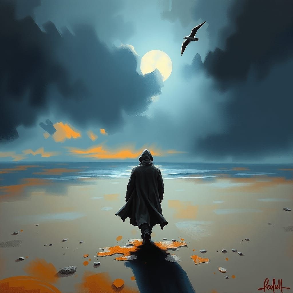 Lone Figure on Windswept Beach at Dusk