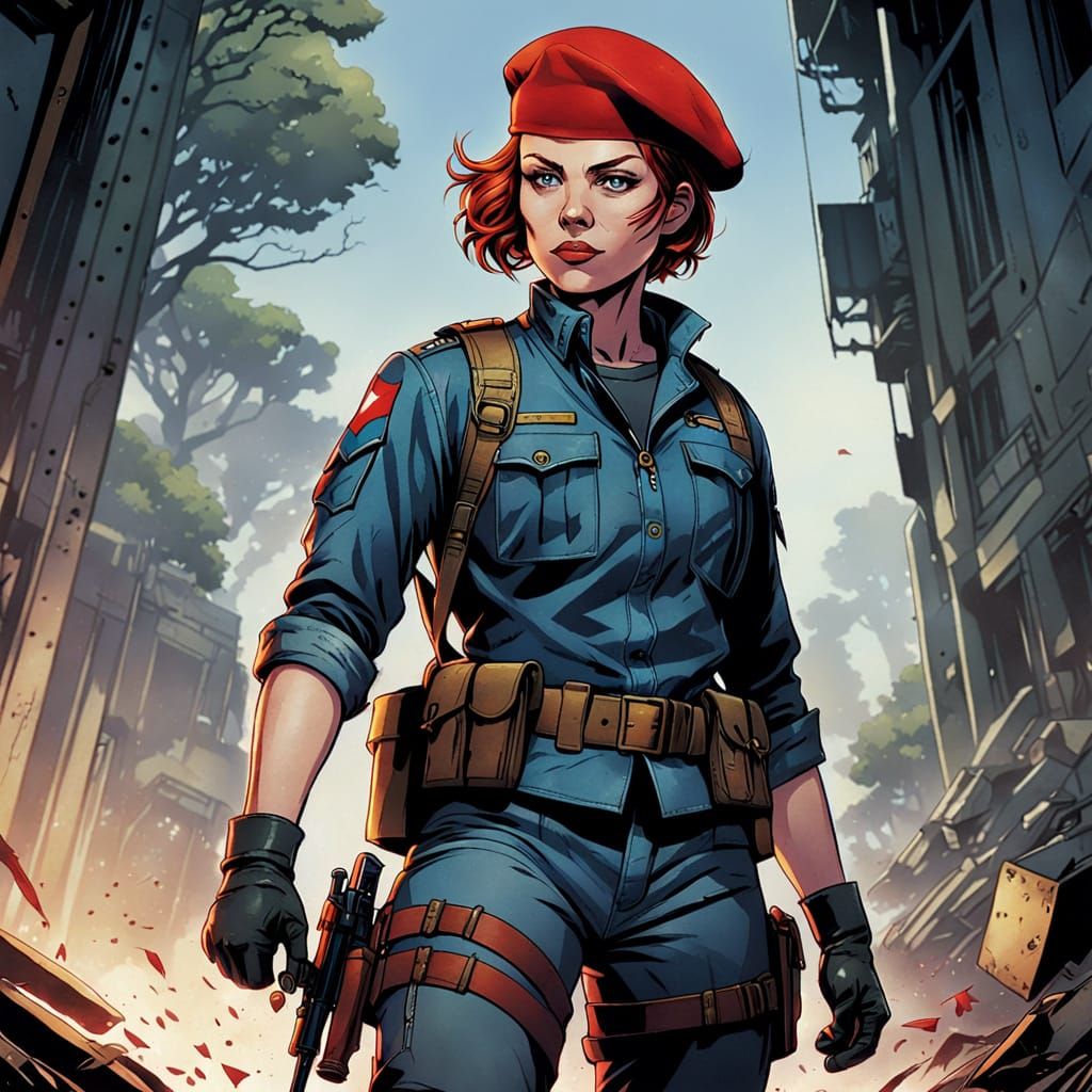 Woman in Red Beret and Combat Uniform, Holding Knife, in Com...