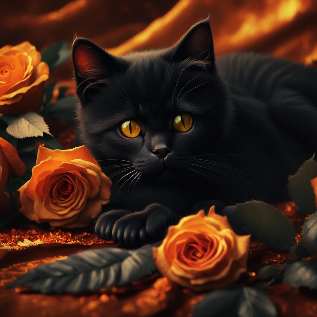 Black Kitten and Roses in Golden Light