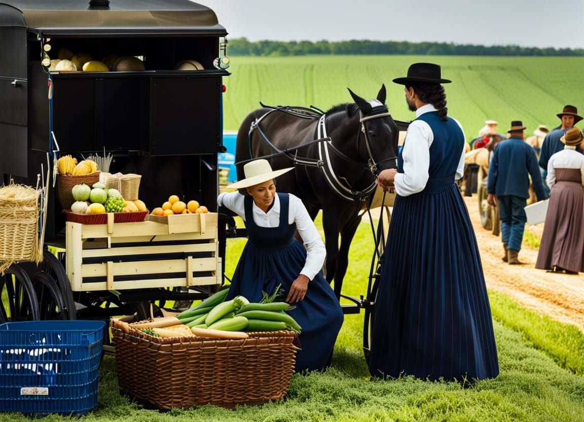 An Amish Farmers with their harvest making Market with Amish Traditional Buggy