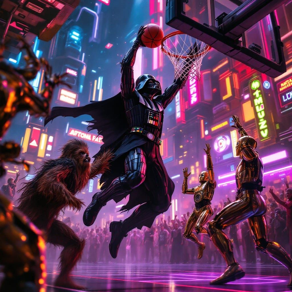 Darth Vader Dominates Basketball Court in Cyberpunk Style