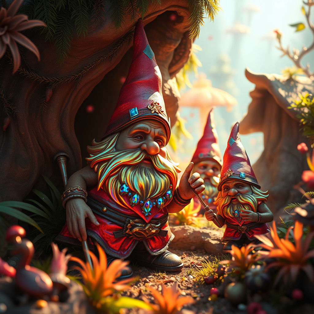 Iridescent Gnomes in Lush Environment, Fantasy Concept Art