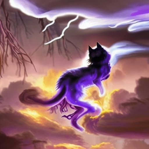 Wild storm cat with smoke& clouds & Thunder& purple lightning& storm element vibes& smoky vibes& purple vibes