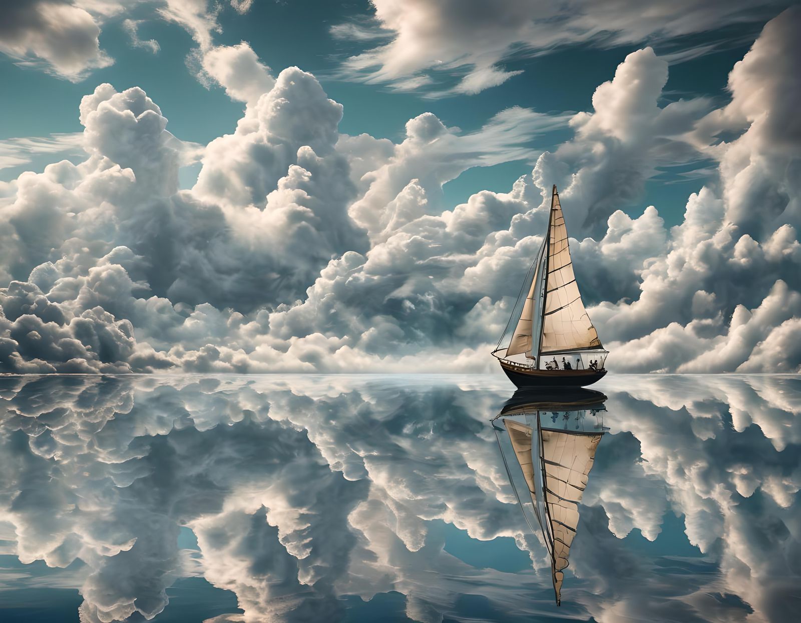 Dreamy Sailboat Gliding Over Lake of Clouds