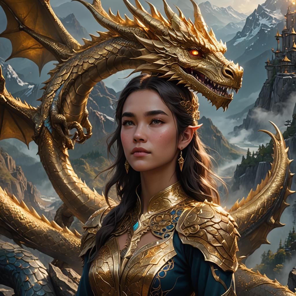 Young Girl with Golden Dragon in Mountains