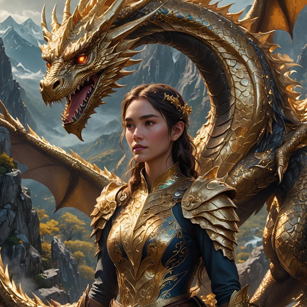 Girl with Golden Dragon in Mountain Landscape