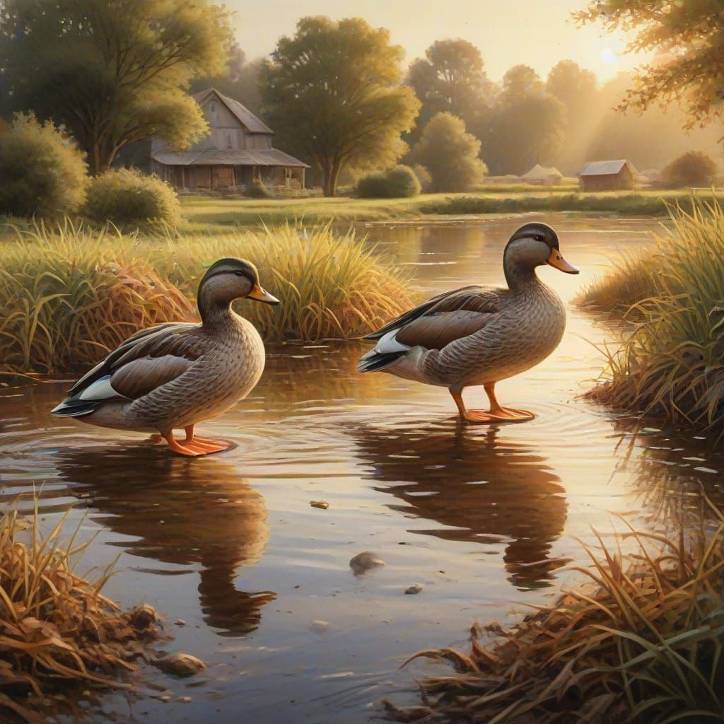 Serene Farm Ducks in Romantic Watercolor Style