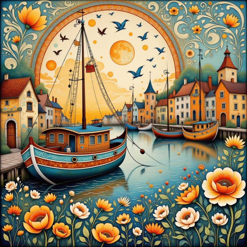Whimsical Harbor with Folk Art Nouveau Elements