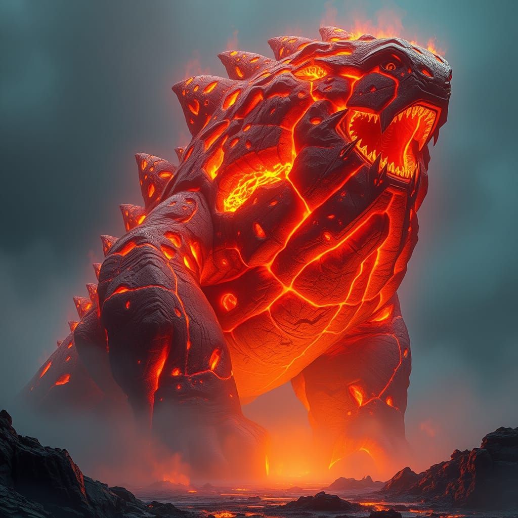 Majestic Ember Beast Radiates Fiery Aura in Mystical Landsca...