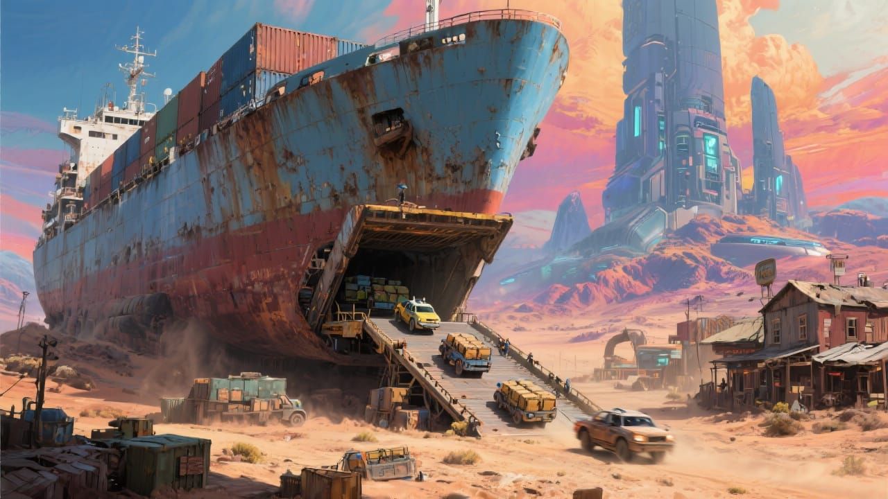 Colossal Cargo Ship Unloading in Mining Town