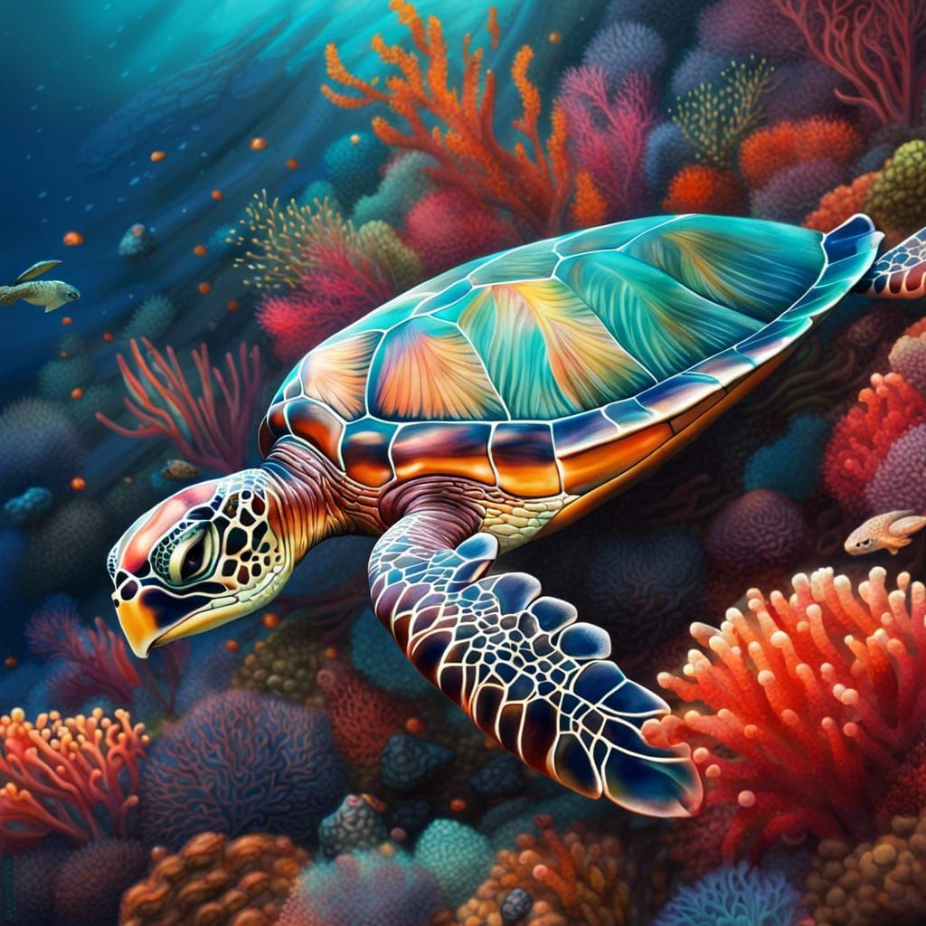 Sea Turtle Swimming Among Multicolored Coral