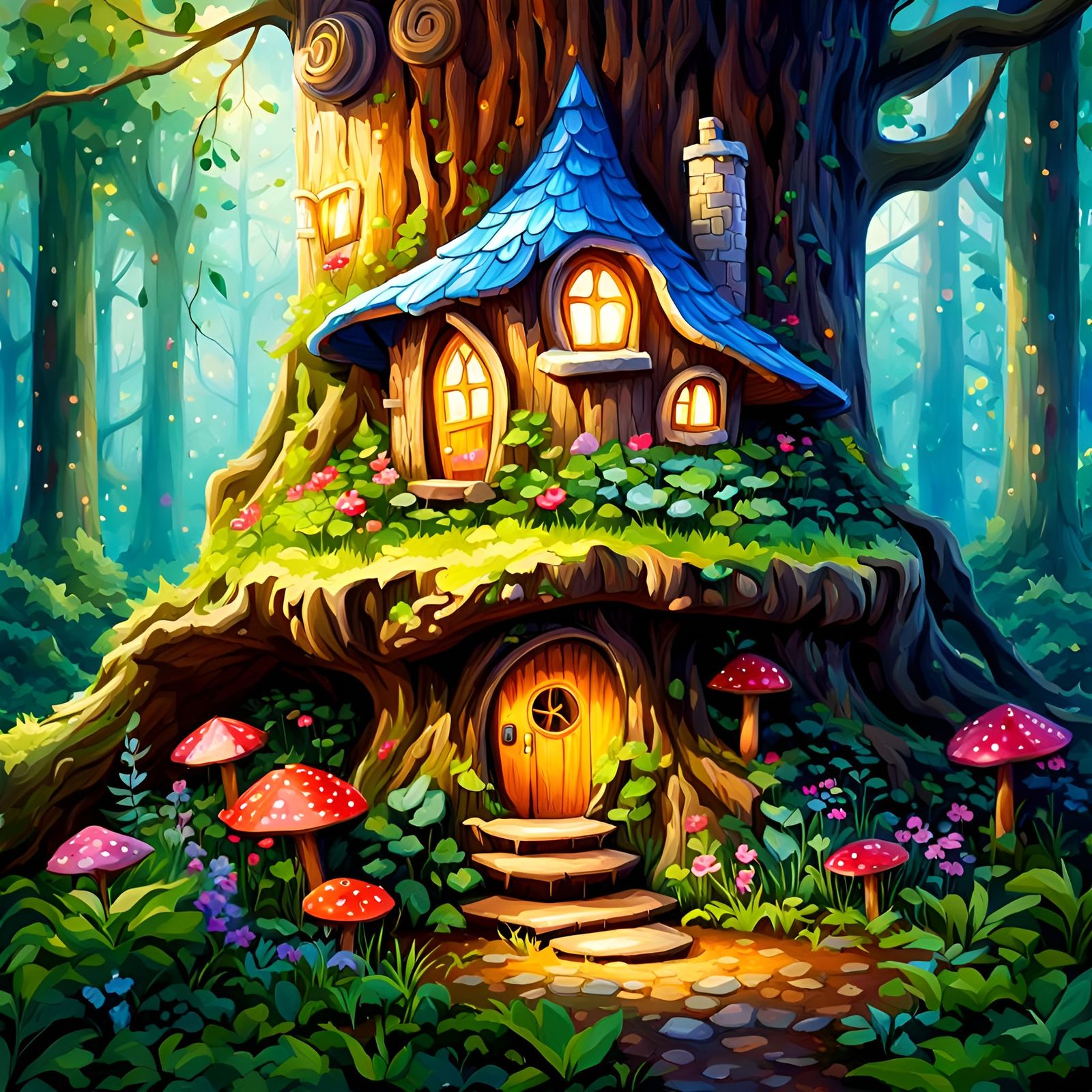 Enchanting Fairy House in Forest, Gouache Style