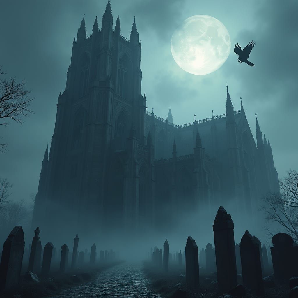 Ethereal Gothic Cathedral in a Misty Graveyard