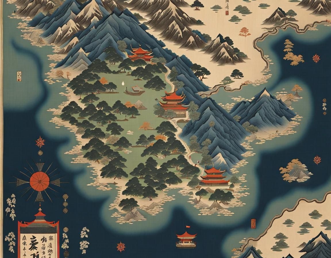 Japanese-Inspired Fantasy Map in Ukiyo-e Style