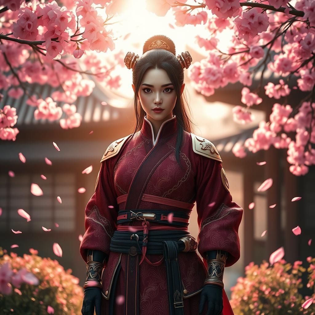 Ninja in Cherry Blossom Garden, Sci-Fi Concept Art