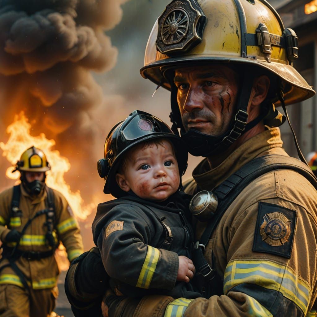 Firefighter Rescues Baby: An Emotional Oil Painting