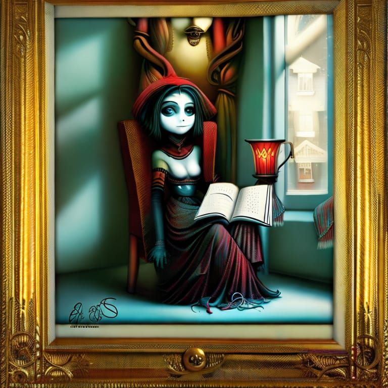 Gothic Library Scene with Woman and Dog