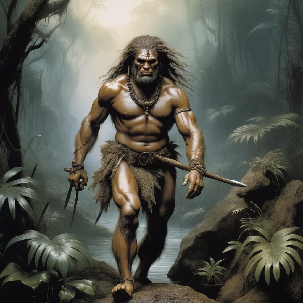 A feral wild-eyed caveman porcelain jointed doll with a loincloth covering most of his body running through a prehistori...