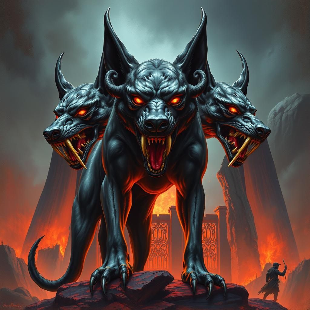 Three-Headed Dog Guards Hell in Dark Fantasy Style