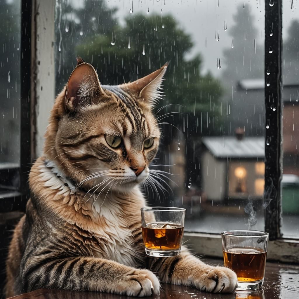 Depressed Cat Contemplates Life with Whiskey and Cigarette