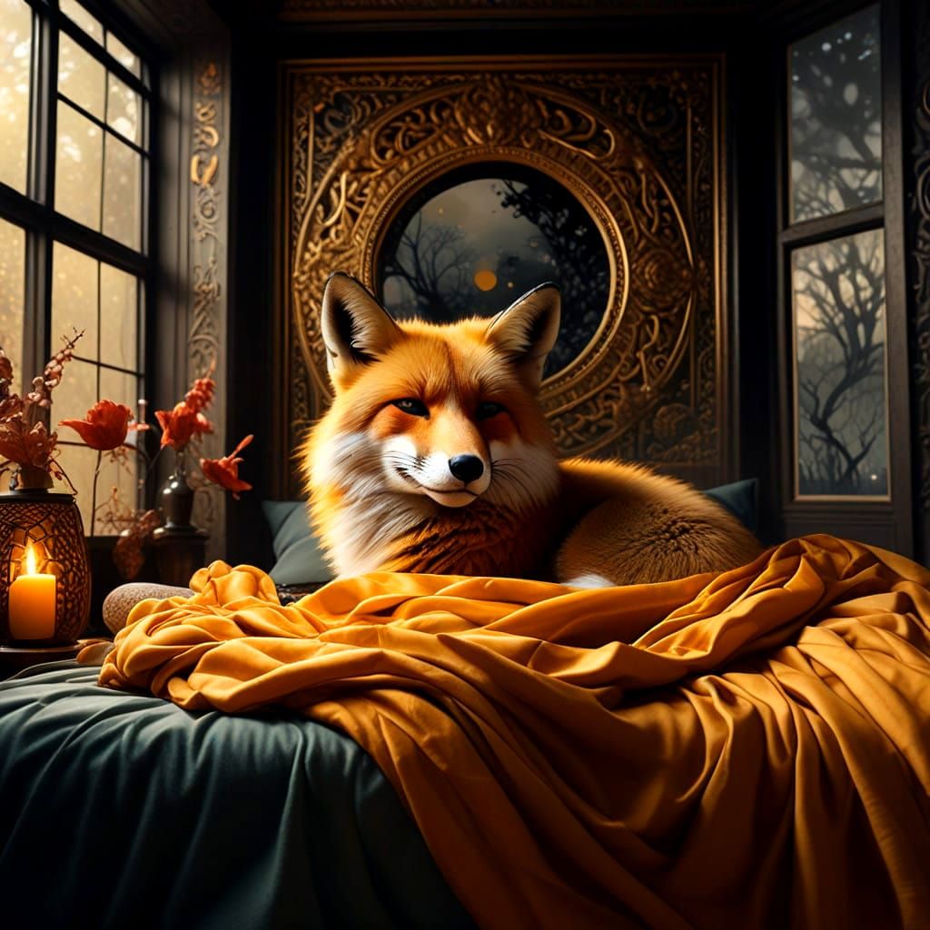 Whimsical Golden Fox in Cozy Slumber