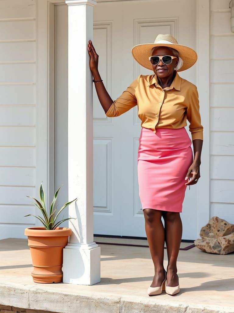 Elegant Elderly Woman on Porch in Straw Hat