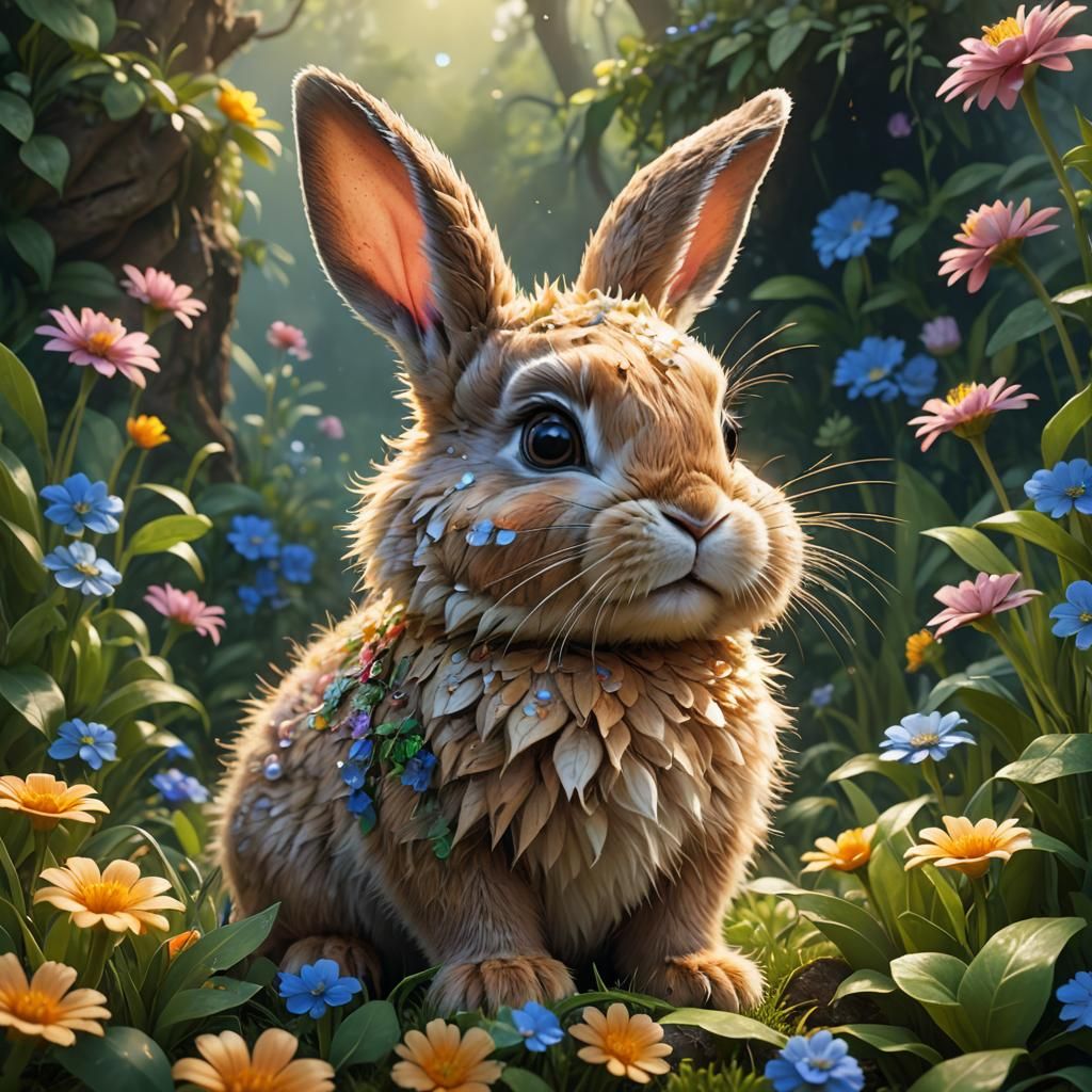 Cute Baby Rabbit in Lush Fantasy Landscape
