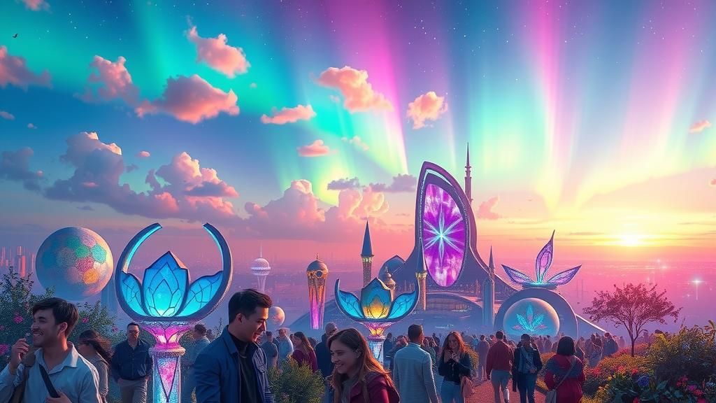 Luminescent Metropolis with Aurora Borealis in Mixed Media