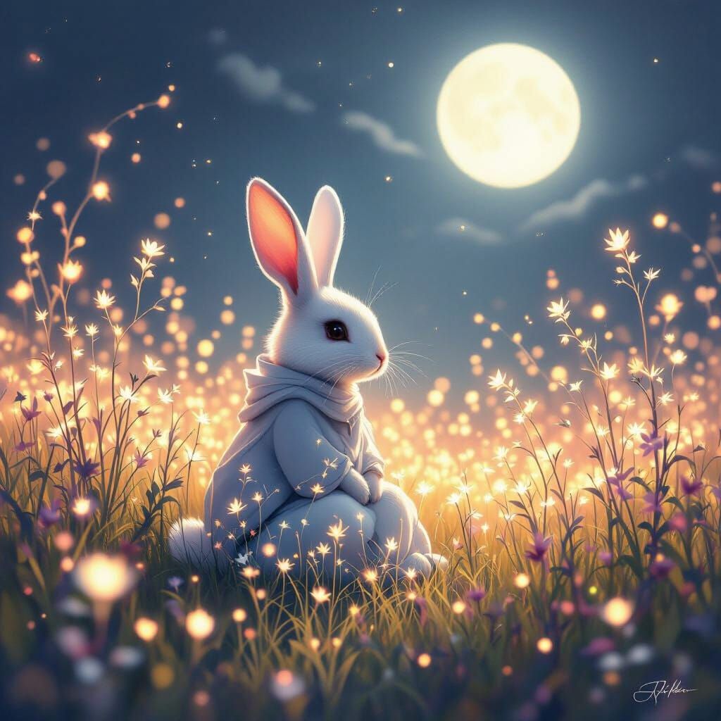 Mystical Rabbit in Ethereal Moonlight Fantasy Art